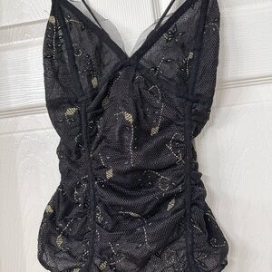 Free People Black Gold Metallic Ruched Meah Tank Top XS